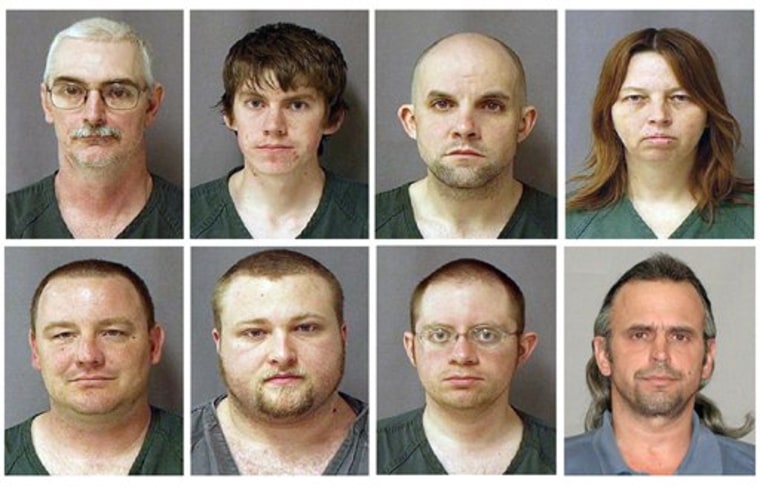 Photos from the U.S. Marshals Service show from top left, David Brian Stone Sr., 44, of Clayton, Mich,; David Brian Stone Jr. of Adrian, Mich,; Jacob Ward, 33, of Huron, Ohio; Tina Mae Stone. Bottom row from left, Michael David Meeks, 40, of Manchester, Mich,; Kristopher T. Sickles, 27, of Sandusky, Ohio; Joshua John Clough, 28, of Blissfield, Mich.; and Thomas William Piatek, 46, of Whiting, Ind.
